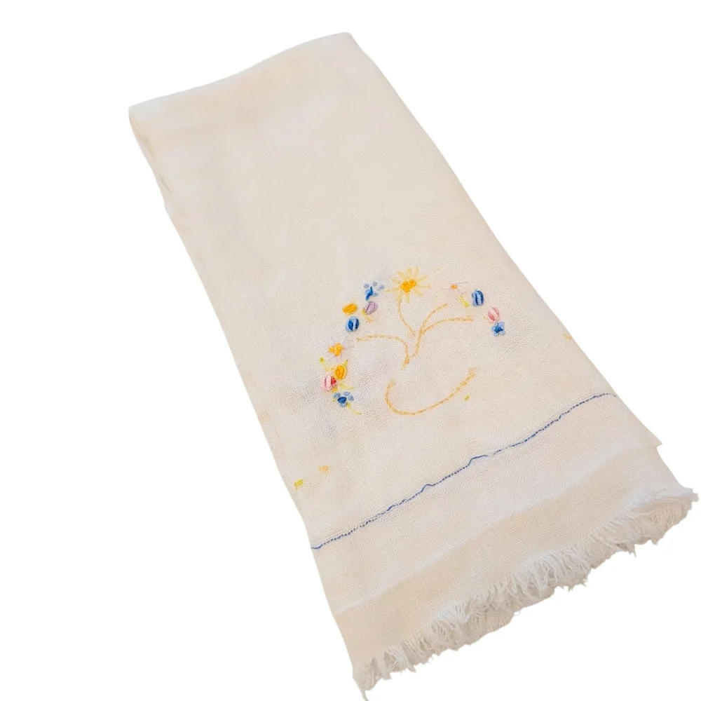 VINTAGE Dish Towel Embroidered Linen Farmhouse Floral White Yellow Blue